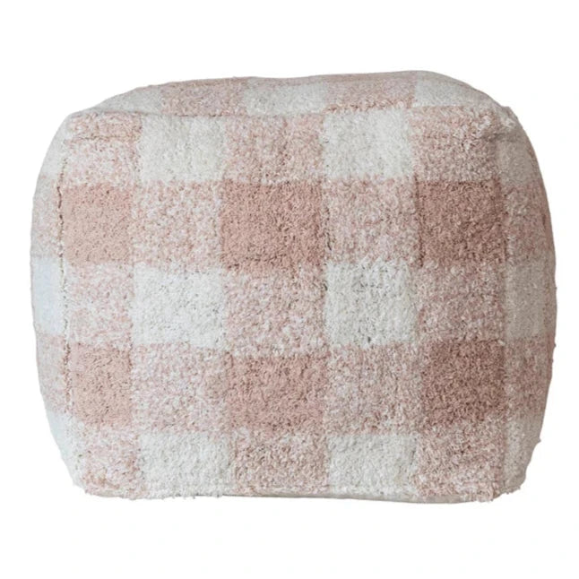 Cotton Tufted Pink Plaid Pouf