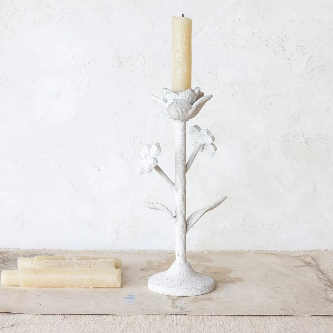 Textured White Cast Iron Flower Taper Holder