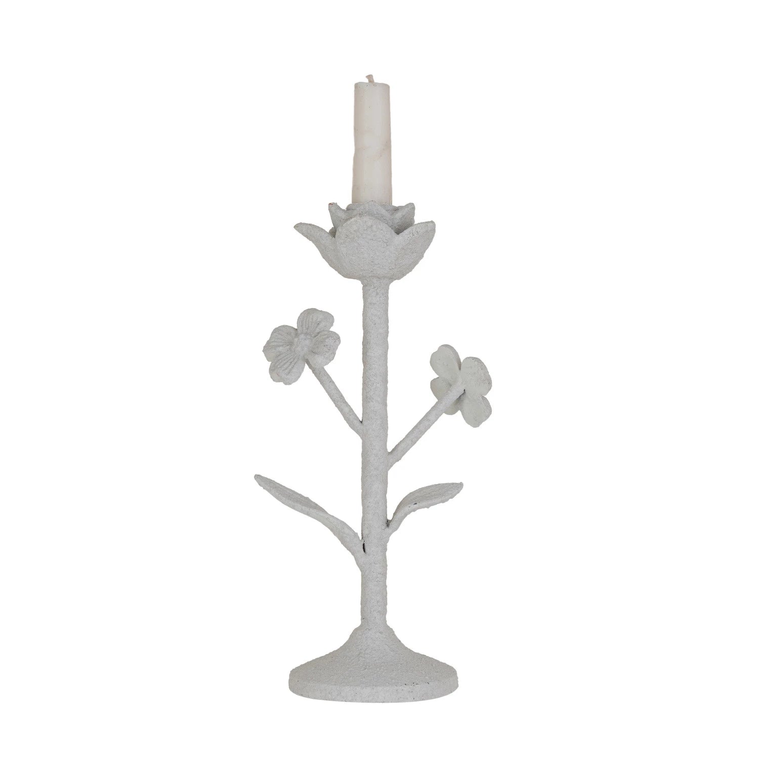 Textured White Cast Iron Flower Taper Holder