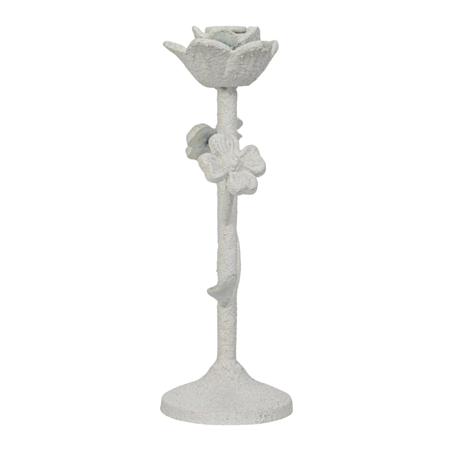 Textured White Cast Iron Flower Taper Holder