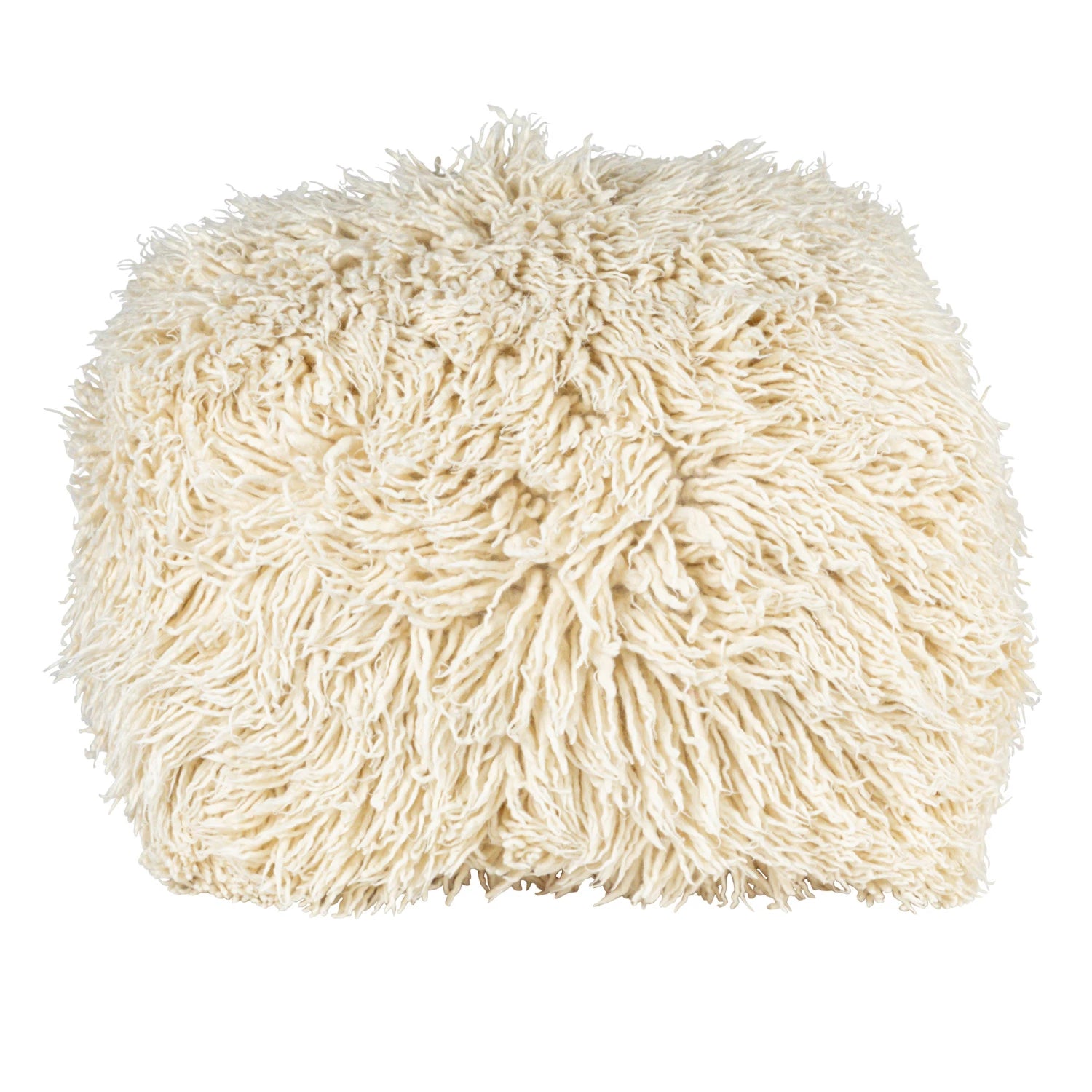 Woven New Zealand Wool Shag & Cotton Cream Pouf