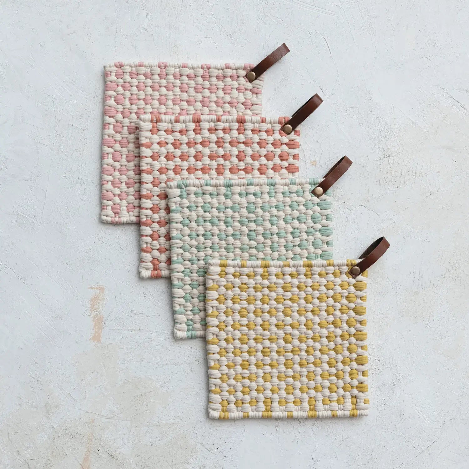 Cotton Crocheted Pot Holder With Leather Loop