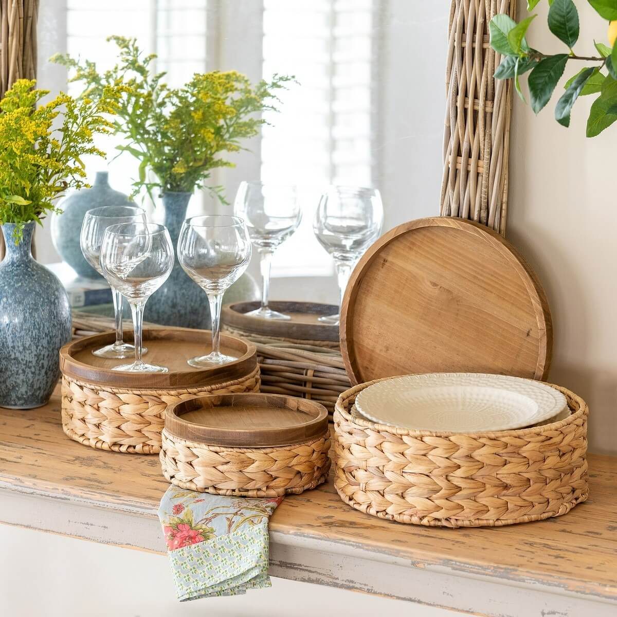 Woven Water Hyacinth Storage Basket With Wood Lid Set