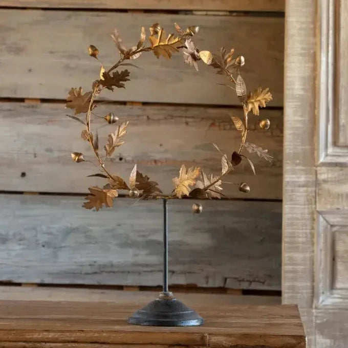 French Wire Gold Acorn Wreath On Stand