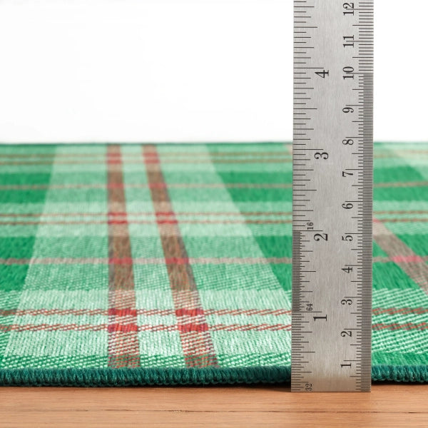 Jolly Plaid Green Machine Washable Rug