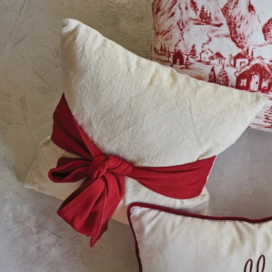 Hand Woven Cotton Slub Pillow With Red Bow