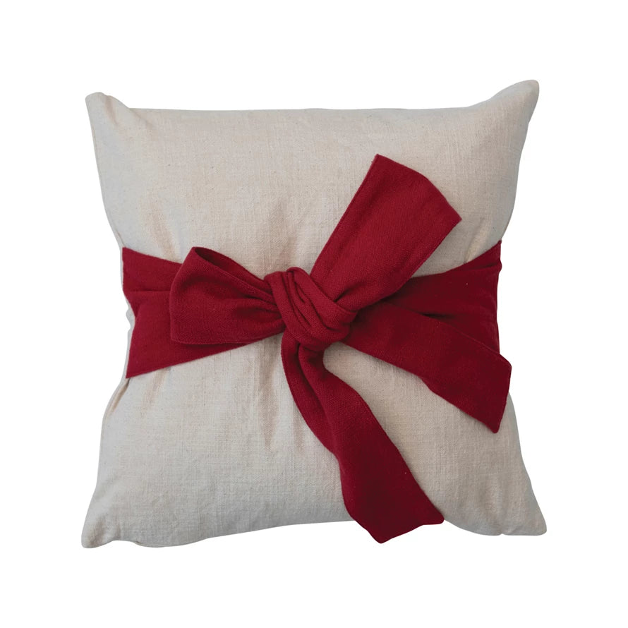 Hand Woven Cotton Slub Pillow With Red Bow