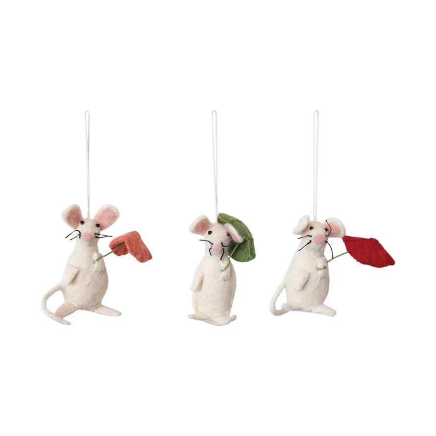 Handmade Wool Felt Mouse Ornament With Umbrella