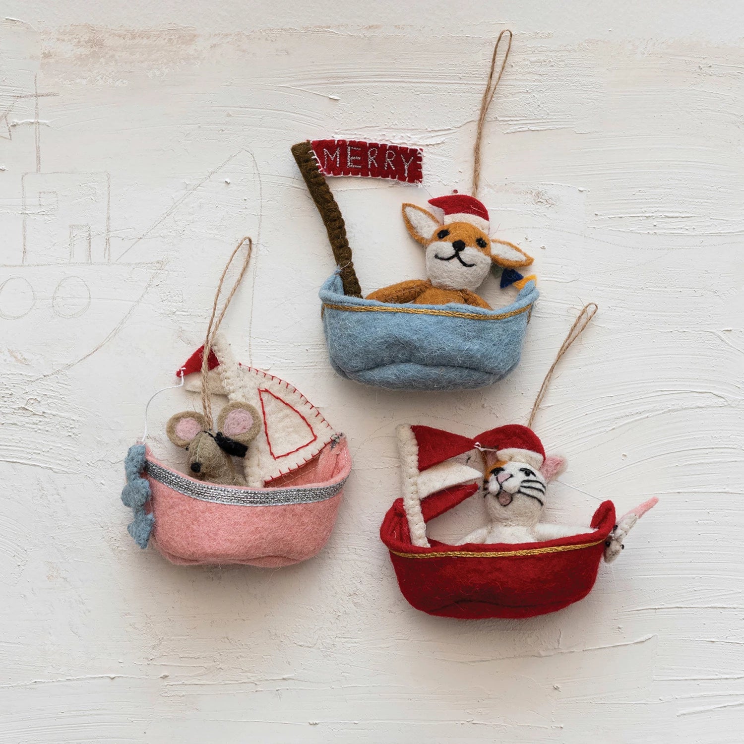 Handmade Wool Felt Animal In Sailboat Ornament