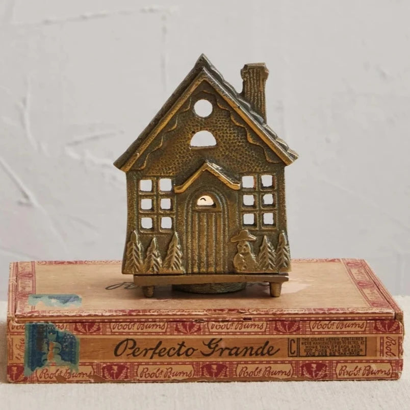 Embossed Cast Aluminum House Tealight Holder