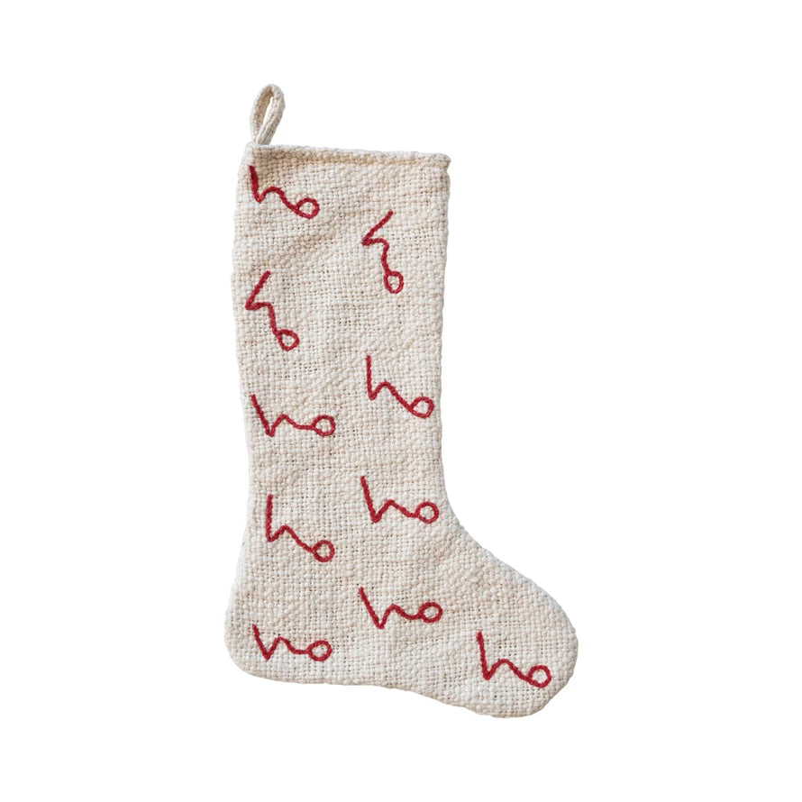 Embroidered Ho Ho Ho Woven Cotton Stocking