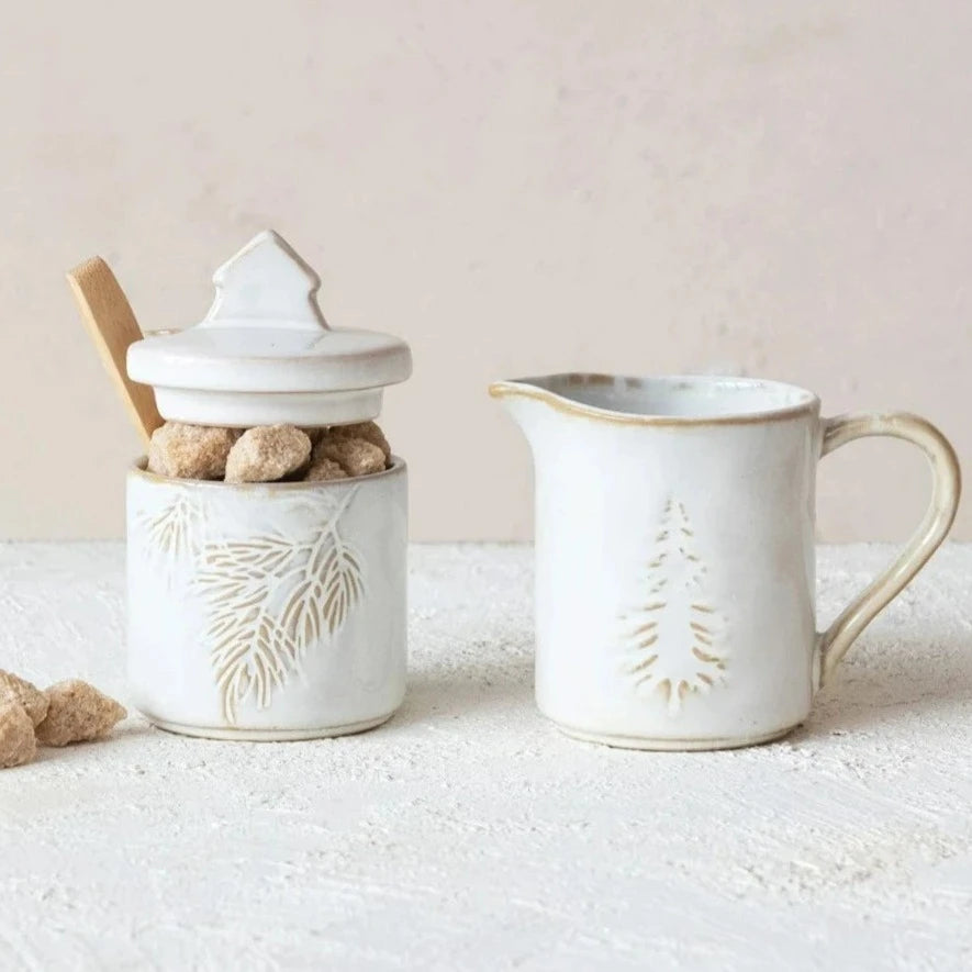 Winter Stoneware Creamer & Sugar Pot With Spoon Set