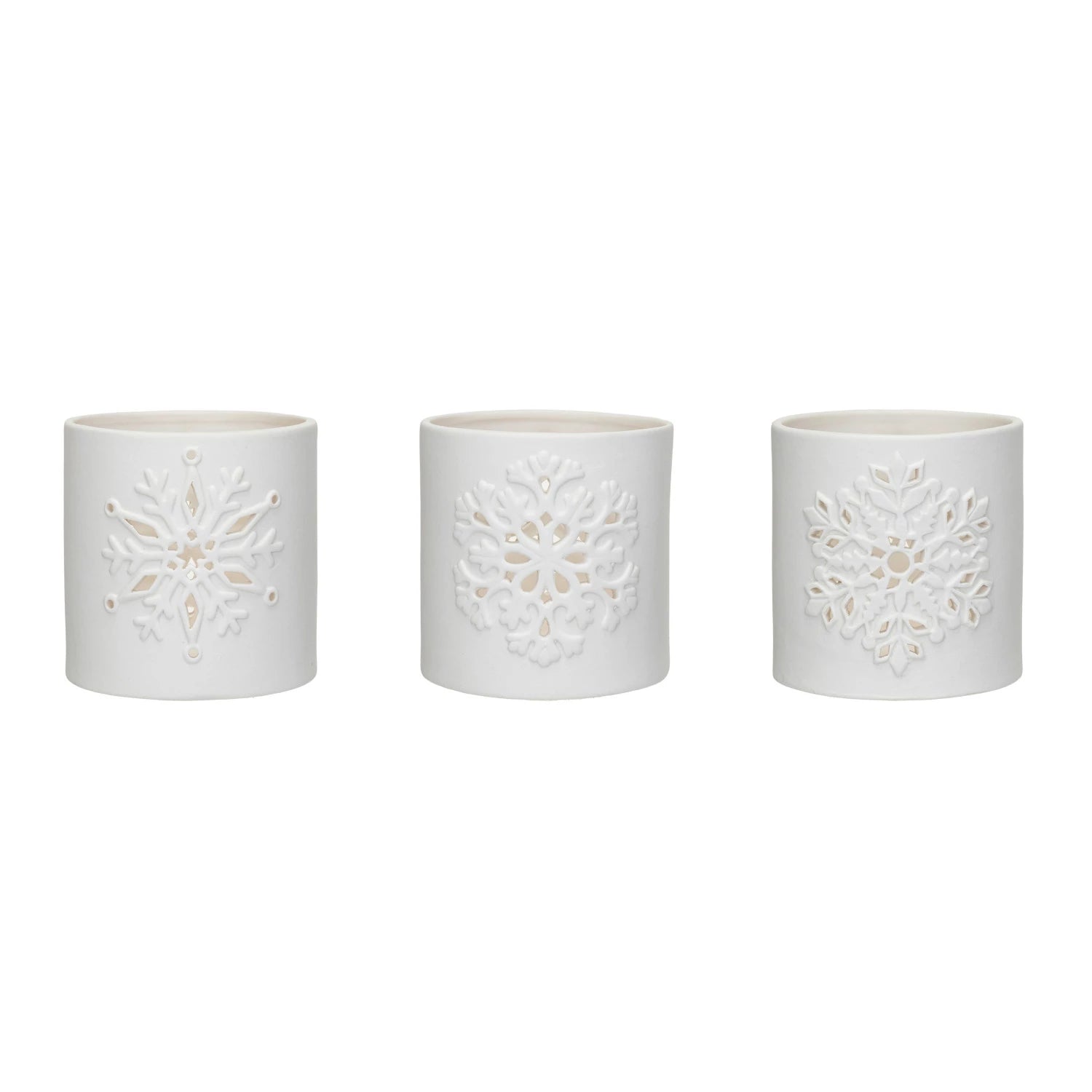 Embossed Stoneware Bisque Tealight Holder With Snowflake Set