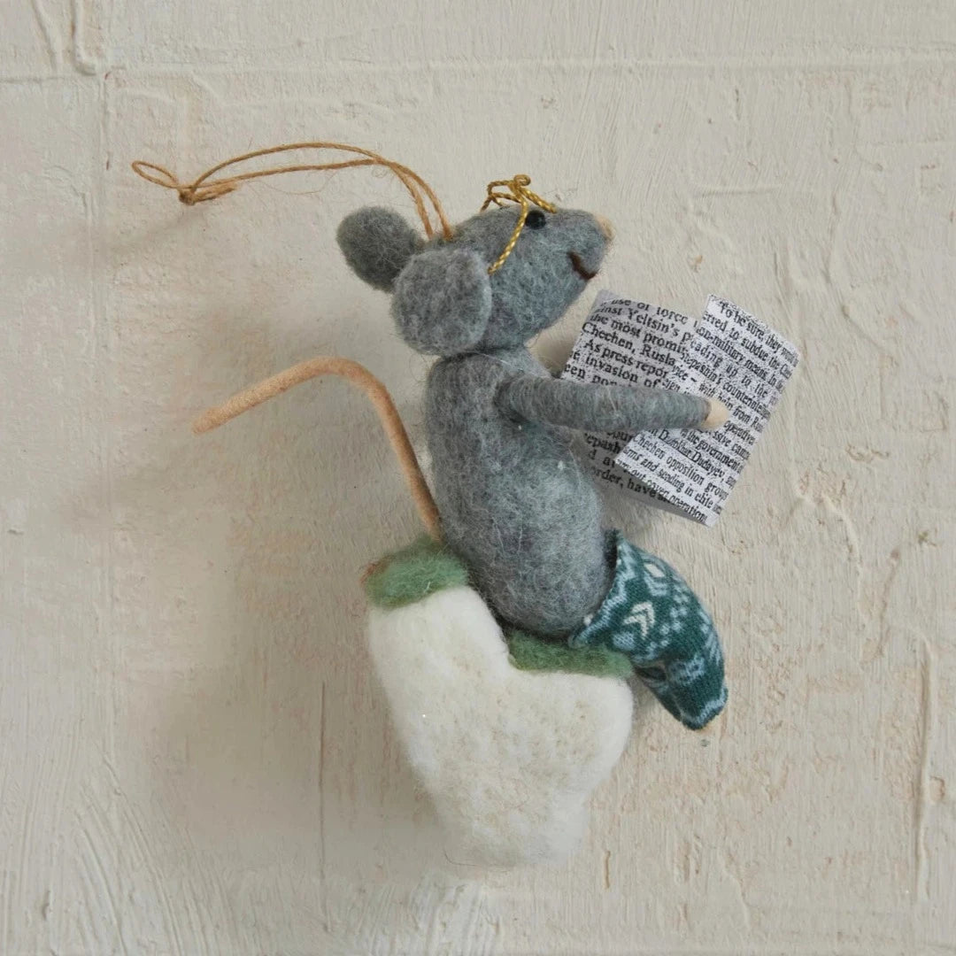 Wool Felt Mouse On Toilet Ornament