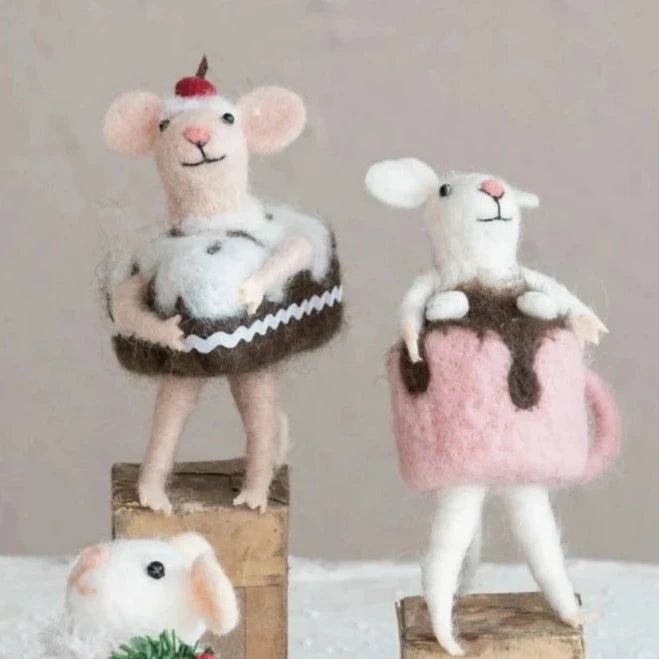 Wool Felt Mouse In Cake &amp; Cocoa Mug Outfit