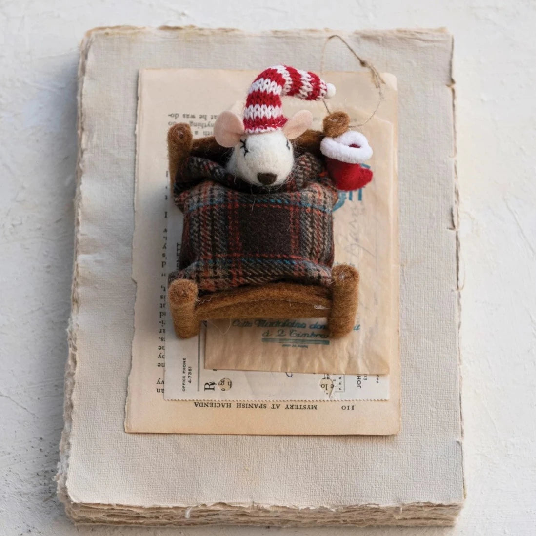 Wool Felt Mouse Nestled In Bed Ornament