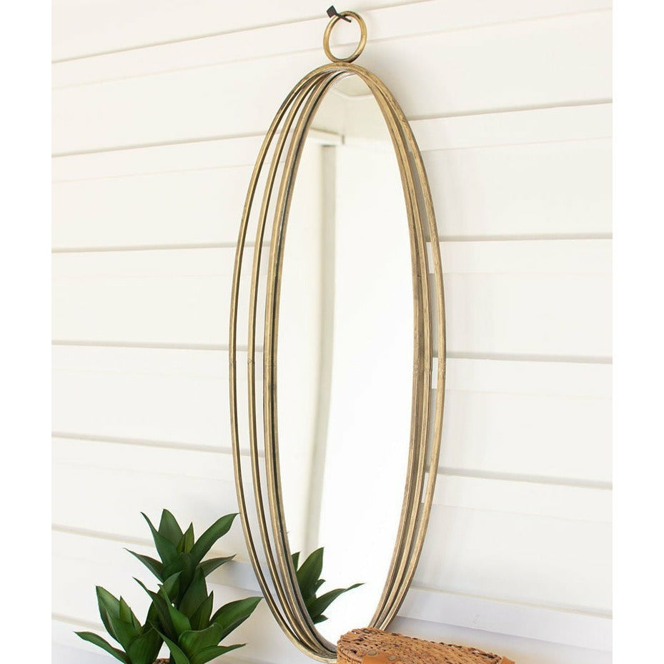 Antiqued Brass Ringed Oval Mirror