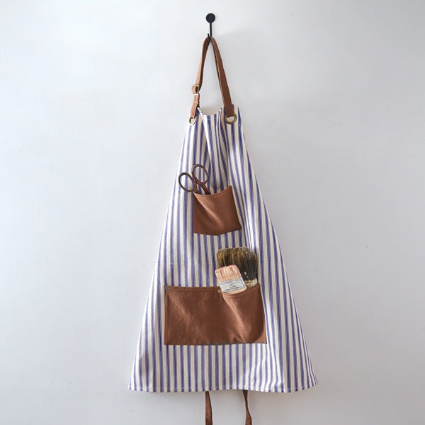 Blue Striped Canvas &amp; Leather Utility Apron