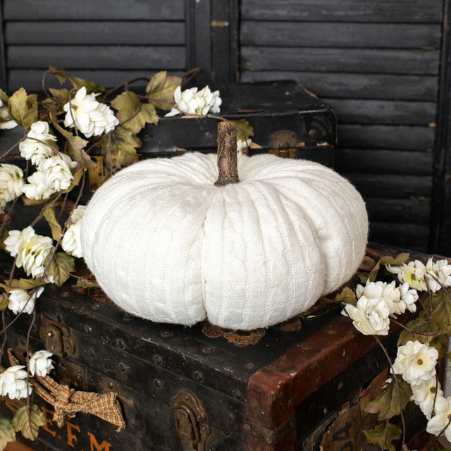 Cream Knit Pumpkin With Faux Wood Stem