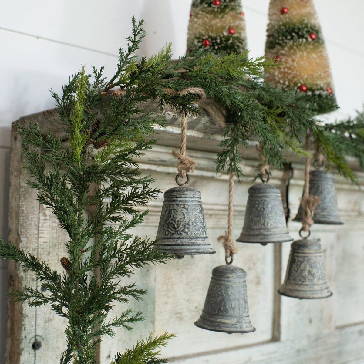 Embossed Metal Hanging Bells Cluster On Jute Rope