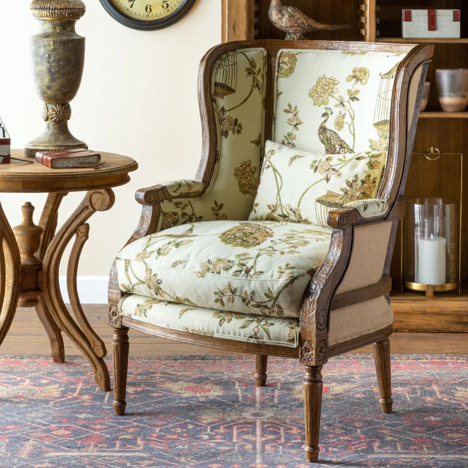 Flourish Pattern Wood Framed Wing Chair