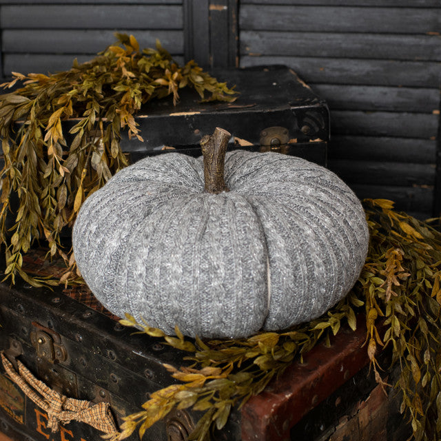 Grey Knit Pumpkin With Faux Wood Stem