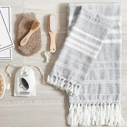 Grey &amp; White Striped Fringed Towel Set