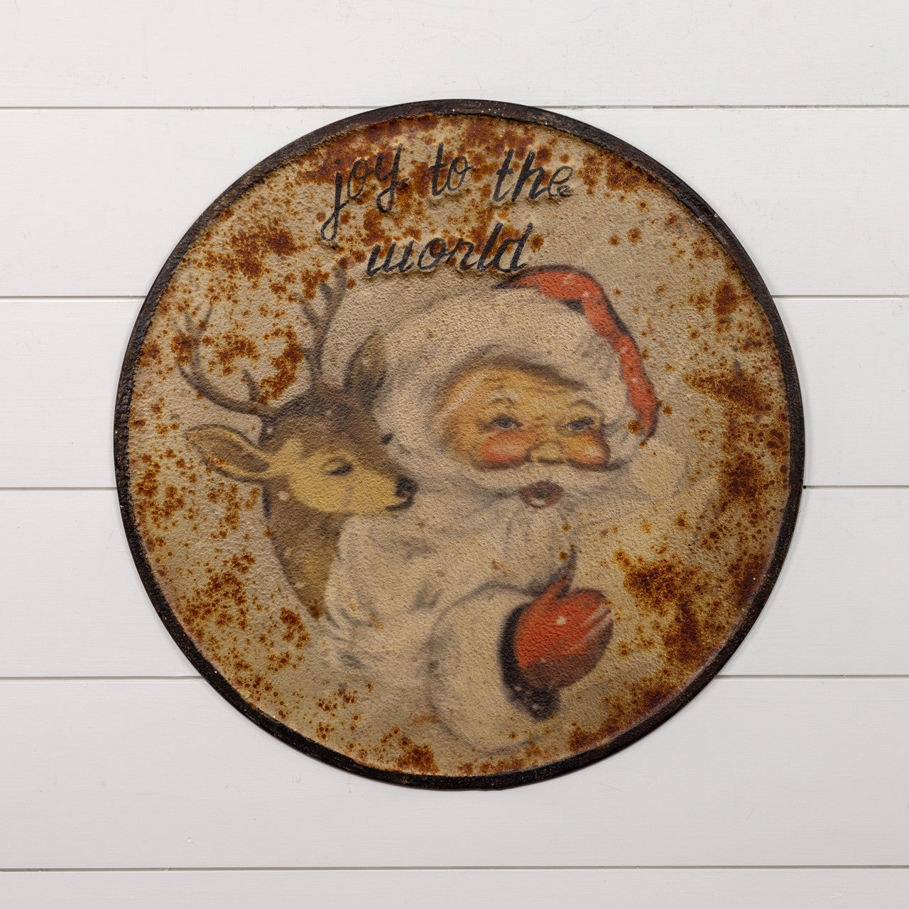 Joy To The World Santa Round Metal Sign