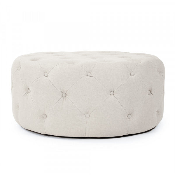 Round Linen Tufted Ottoman