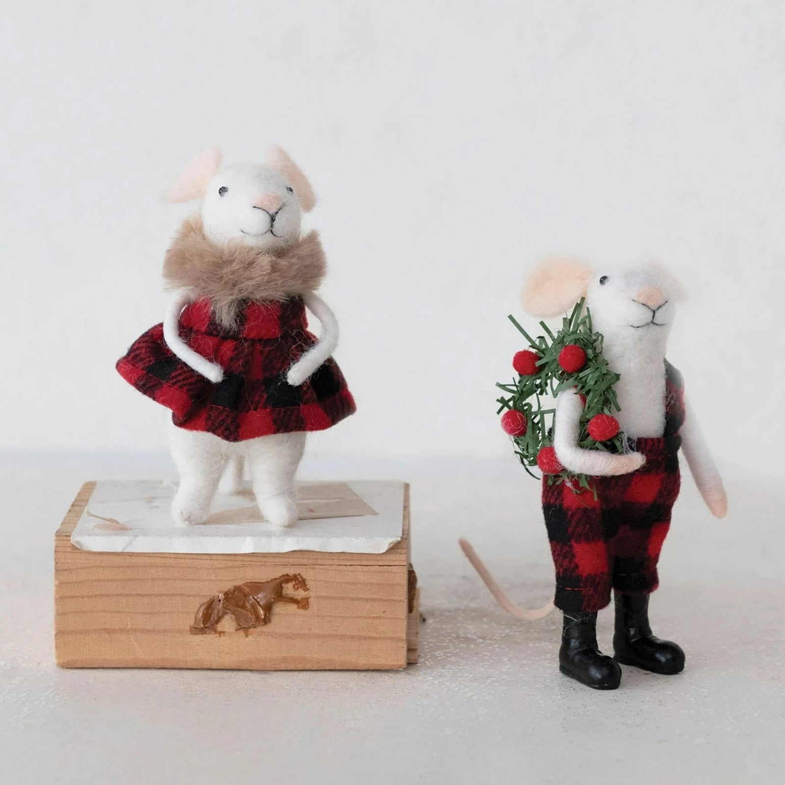 Wool Felt Red Buffalo Plaid Christmas Mouse Ornament