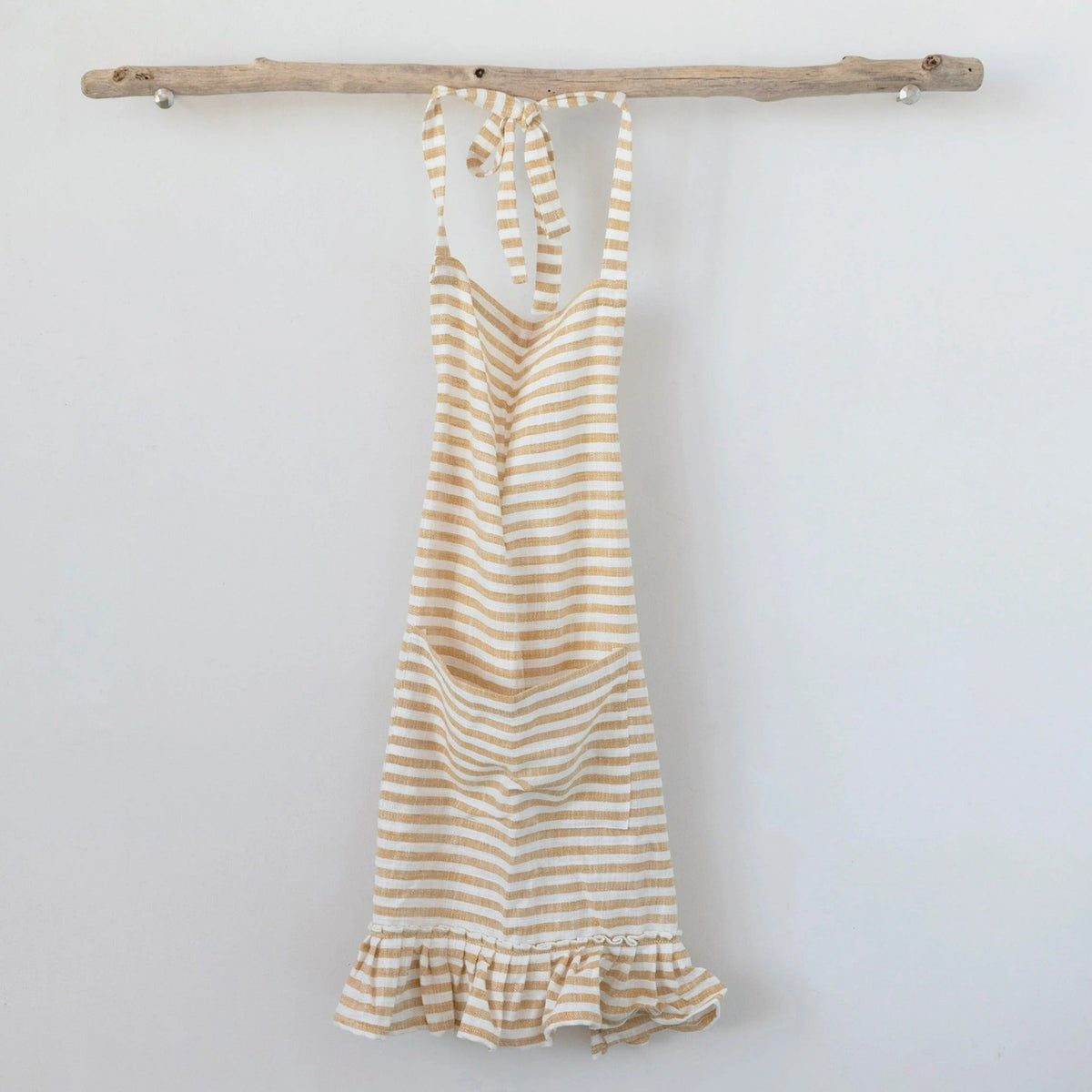 Woven Cotton Yellow Stripe Apron With Ruffle